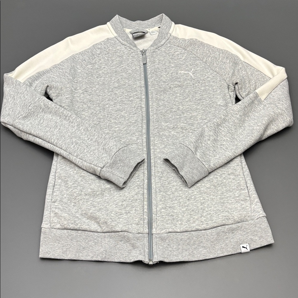 Puma Track Jacket Women's Medium Embroidered Logo gray & white zip up Athleasure